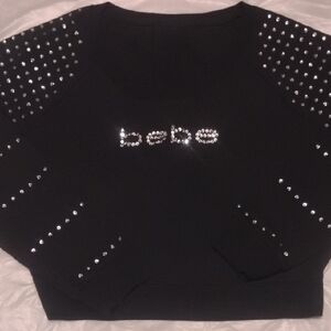bebe Black Rhinestone Logo Pullover with Studded Sleeves